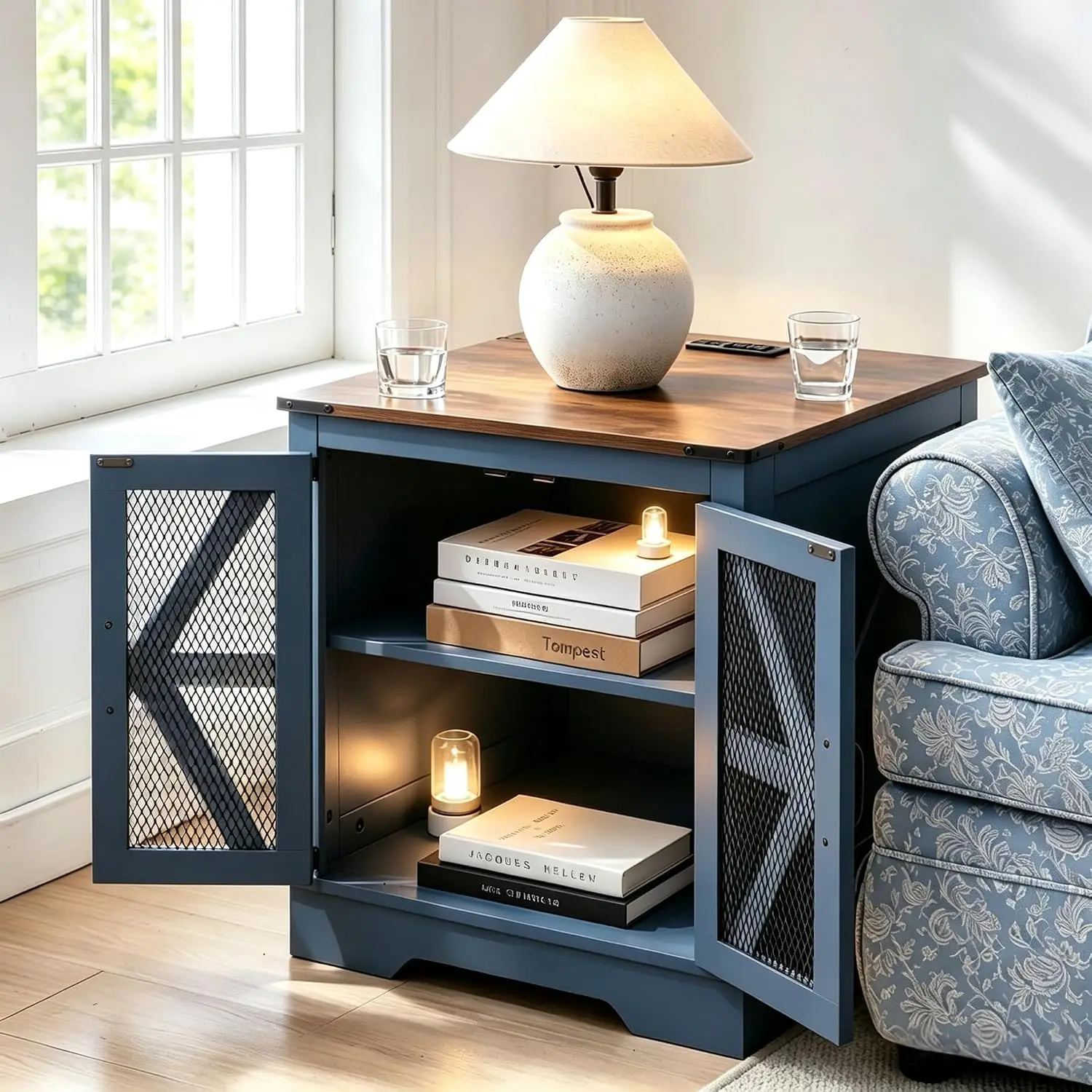 Nightstand Set of 2 with USB Charging Station, Farmhouse End Table for Living Room & Bedroom, Customized