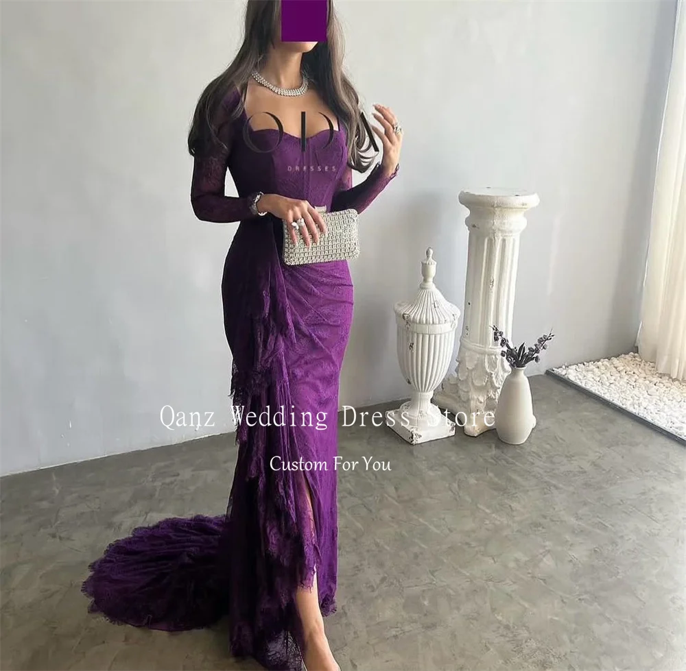 Qanz Saudi Arabia Evening Dresses Purple Lace High Slit Mermaid Formal Occasion Dresses Vestido Elegante Mujer Customized