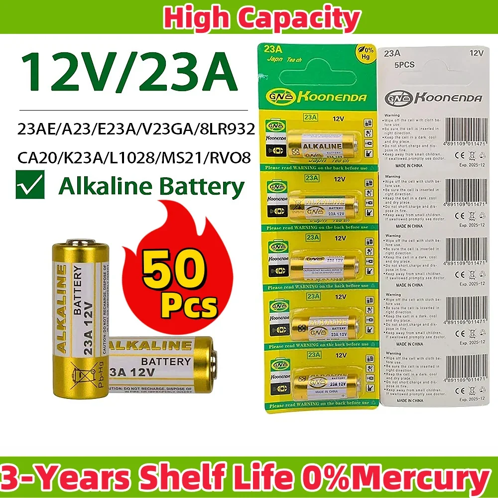 

50PCS Dry Cell 12V Alkaline Battery 23A E23A A23 23GA A23S GP23A V23GA MS21 LRV08 For Doorbell,Garage door remote,Roller shut