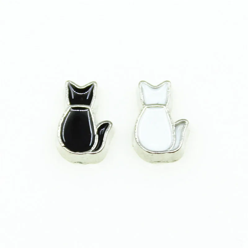 50pcs/lot White Black Cat Enamel Floating Charms Living Glass Memory Lockets DIY Jewelry Accessories