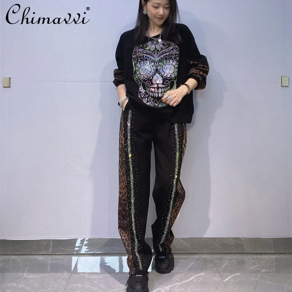 

Oversized Size Women's Pants Set Autumn Winter New Fashion Leopard Print Patchwork Long Sleeve Sweatshirt Pants Two-Piece Set