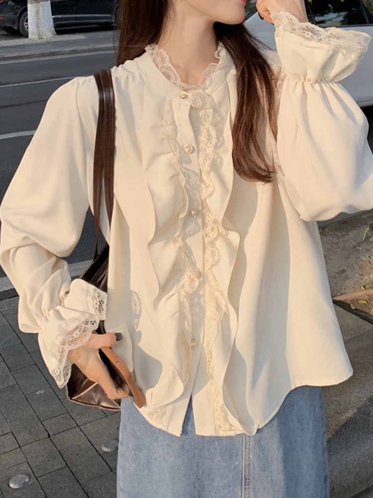 

White Shirts Women Vintage Lace Long Sleeve Tops Female Preppy Style Button-Up Blouse Ladies Sweet Chic Ruffle Blusas Para Mujer
