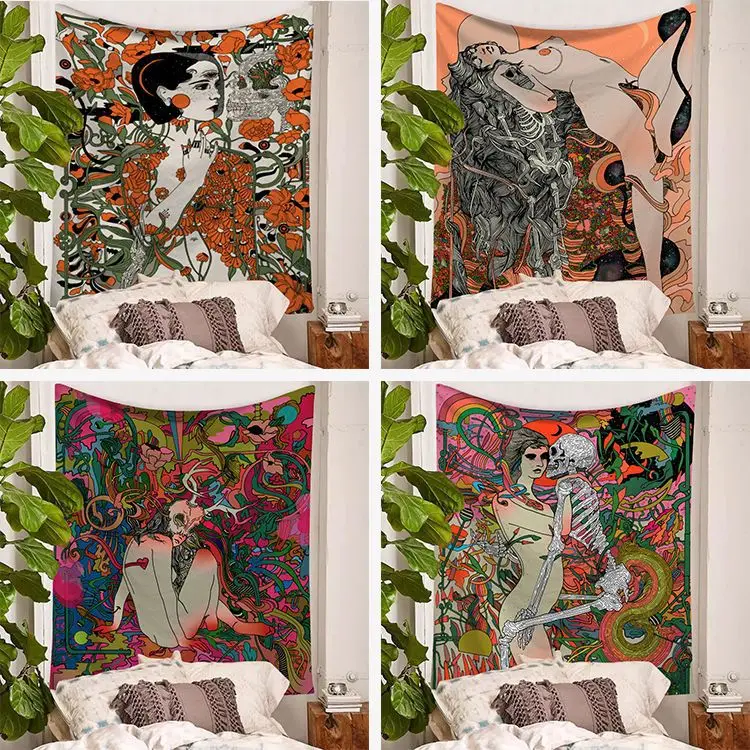 

Women and Skeletons Tapestry Aesthetic Flower Skull Girl Wall Hanging for Sofa Bed Dorm Room Home Decor Wall Hanging 150x200 Cm