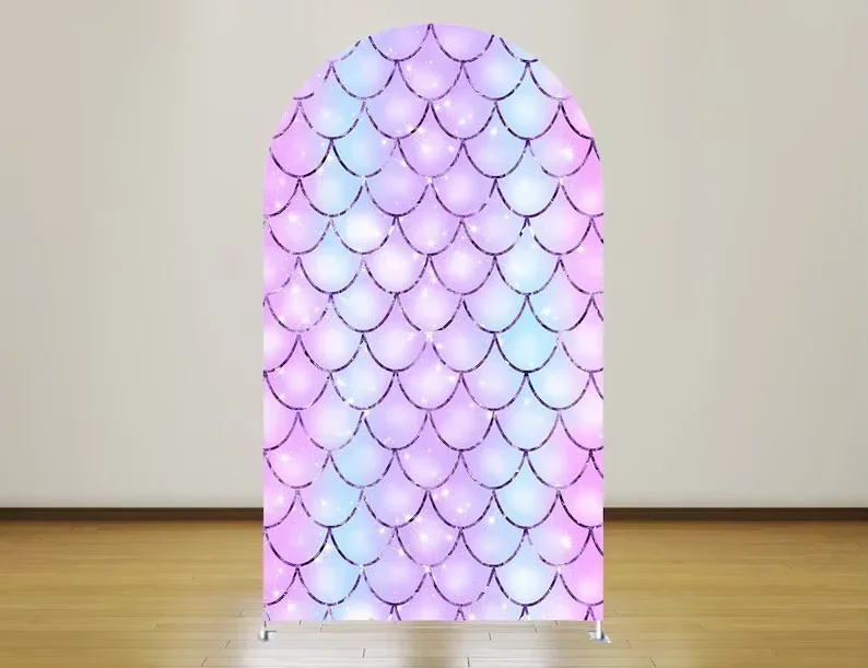 mehofond-背景カスタム両面アーチ型ファブリックカバー-マーメイドグリッタープリンセス誕生日パーティー背景装飾背景写真
