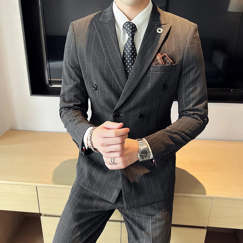 

2023 High-quality men's double-breasted suit (suit + western pants) new handsome fashion business groom wedding two-piece set
