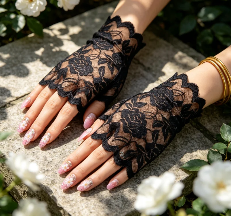 

Black Rose Floral Scalloped Lace Fingerless Short Gloves Pair Vintage Evening Party Mesh Cuffs