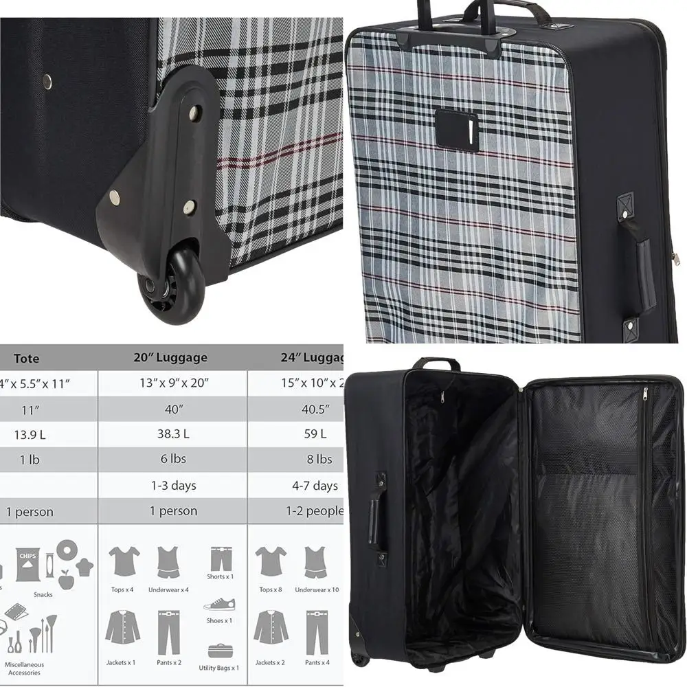 

4-Piece Rockland Softside Luggage Set with Telescopic Handles, Black Plaid Pattern, Sizes 14, 19, 24, 28