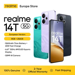 Smartphone realme 14T 5G NFC Processeur Dimensity 6300 5G Batterie 5260mAh Charge 45W Écran AMOLED 120Hz IP69