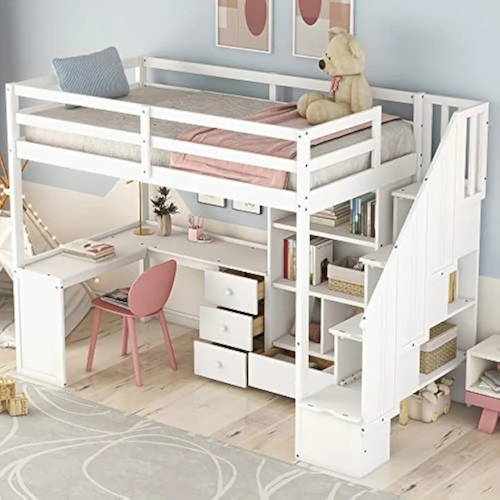 Twin Loft Bed, Stairs and L-Shaped Desk, Solid Wood Loft Bed Frame with Bookcase and Storage Drawers, Loft Bed Children Beds