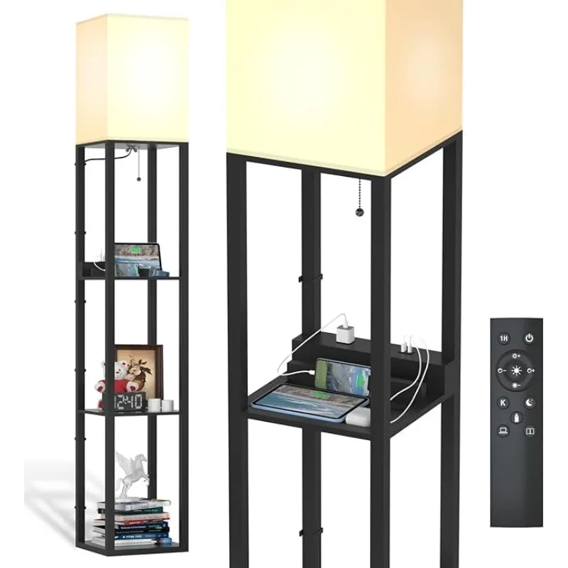 Floor lamp with Shelves, Shelf Floor Lamp with Remote Control, Solid Wood with 2 Charging Ports