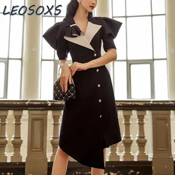 LEOSOXS Summer New Designer Black Dress for Women French Retro Royal Sister Style Suit Collar Niche Button Maxi Dress Dojazdy do pracy