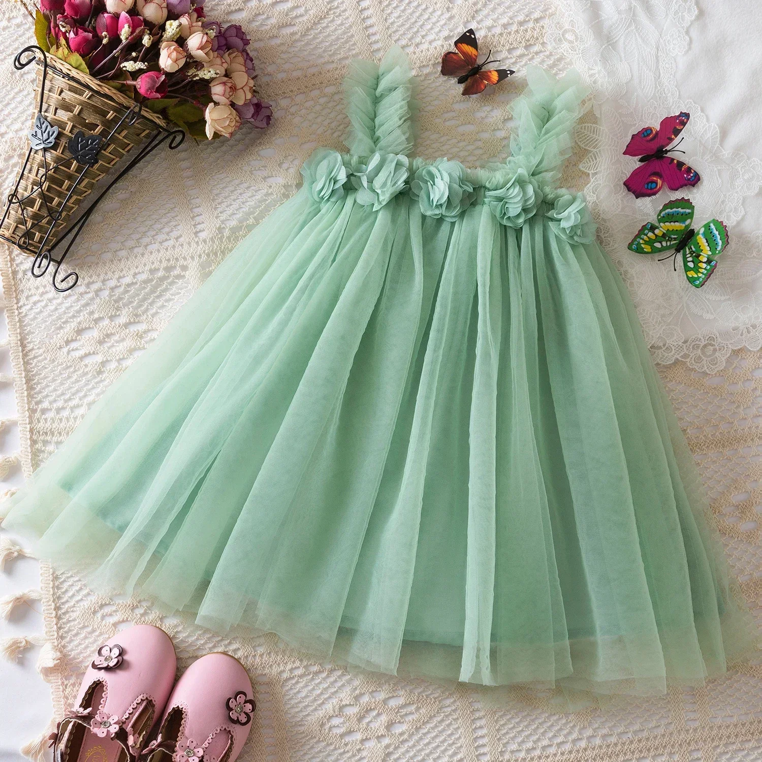 

Baby Girls 1st Birthday Party Dress Cute Summer Casual Slip Dress Solid Color Tulle Flower Sleeveless Green Xmas Dress 1-5 Years