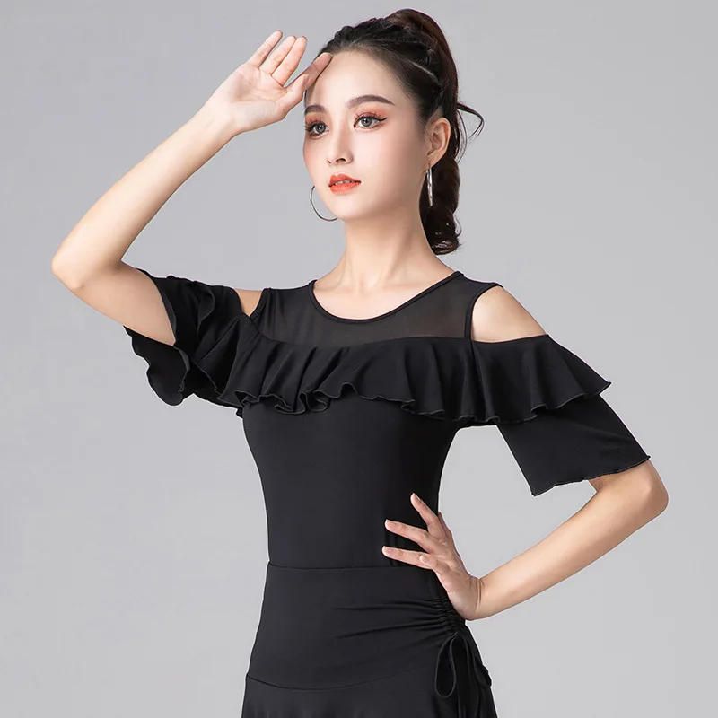 Women Latin Ballroom Costume Vestidos Baile Latino Top Female Sexy Off-the-shoulder Chiffon Ruffled Lace Sleeves Waltz Dancewear