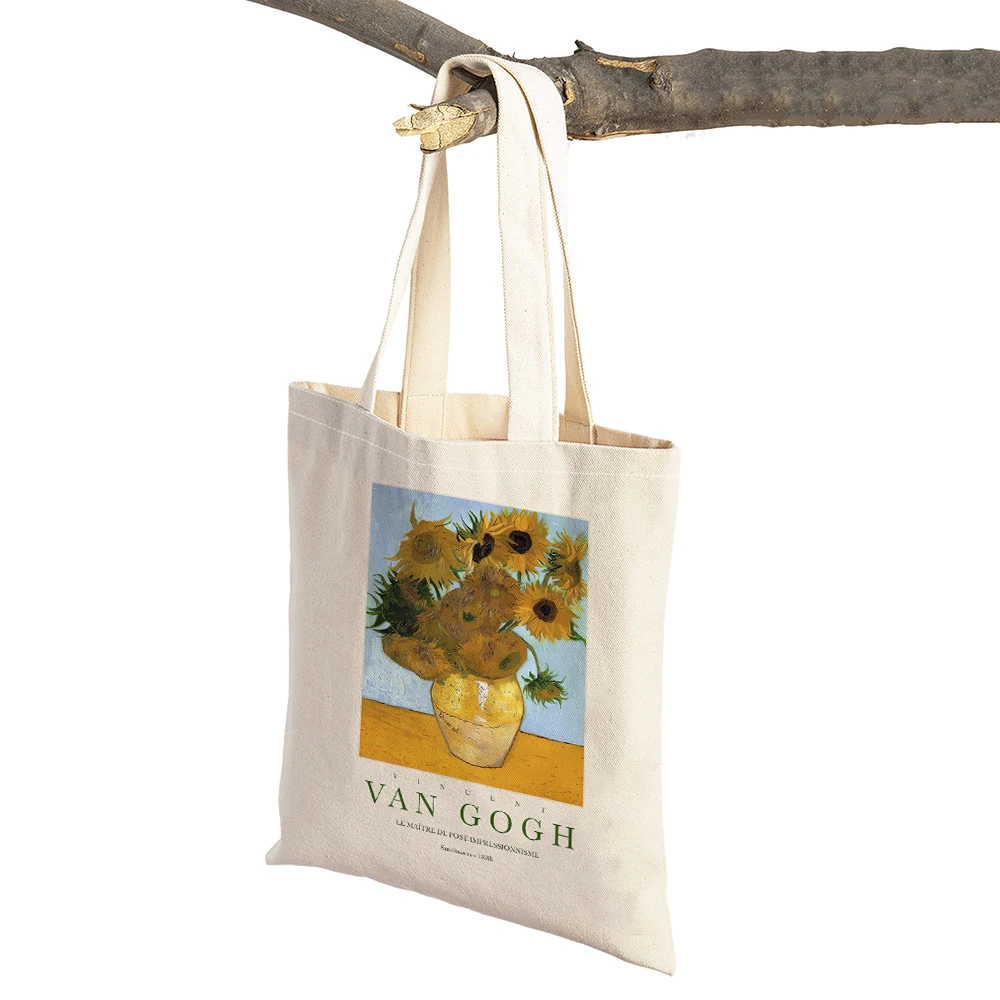 Van Gogh Almond Blossom Iris Starry Night Lady Shopping Bag Double Print Geometric Eco Women Shopper Bags Casual Tote Handbags