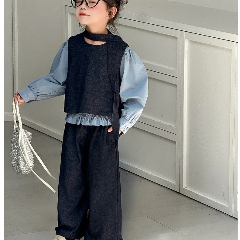 

Girls Suit 2025 Autumn and Winter New Children's Clothing Korean Style Girl Baby Shirt Waistcoat Wide Leg Pants Two-piece