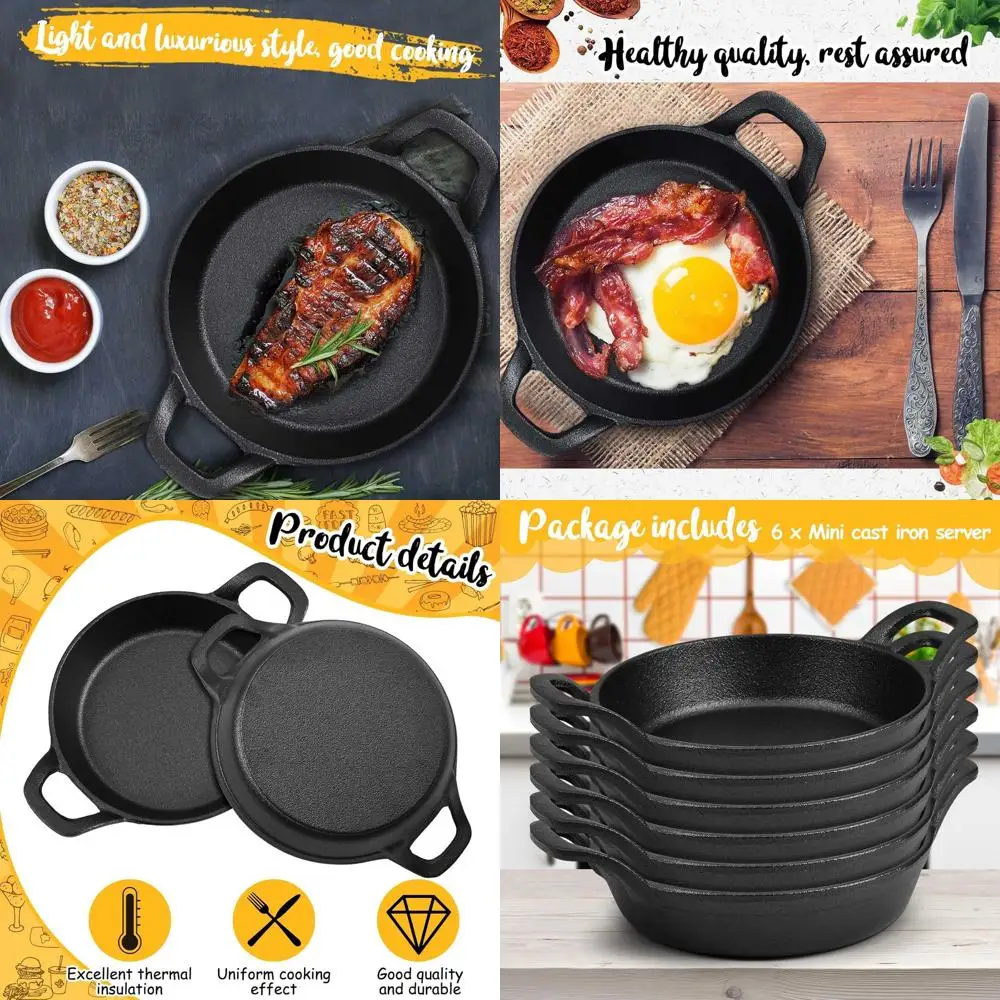 

Set of 6 Mini Cast Iron Skillets, 6.3 x 6.3 x 1.5, Small Ramekins, Black Casserole Dishes, Oven Safe, Ideal for Kitchen & Outdoo