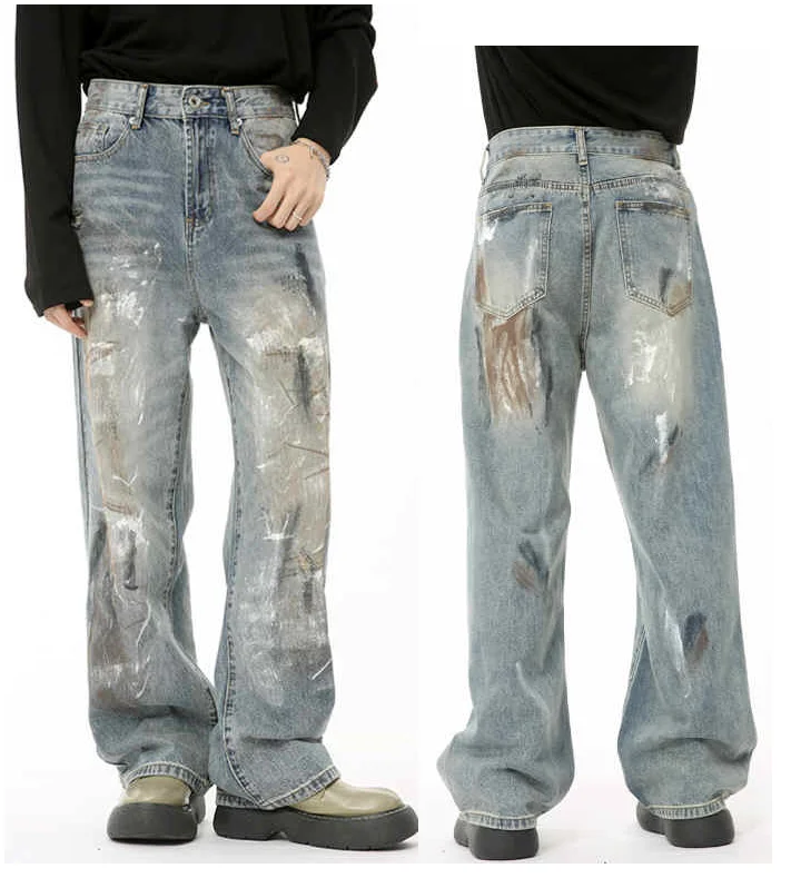 Street Graffiti Straight Leg Mop Jeans For Young People Jeans Graffiti High Street Graffiti Denim Trousers