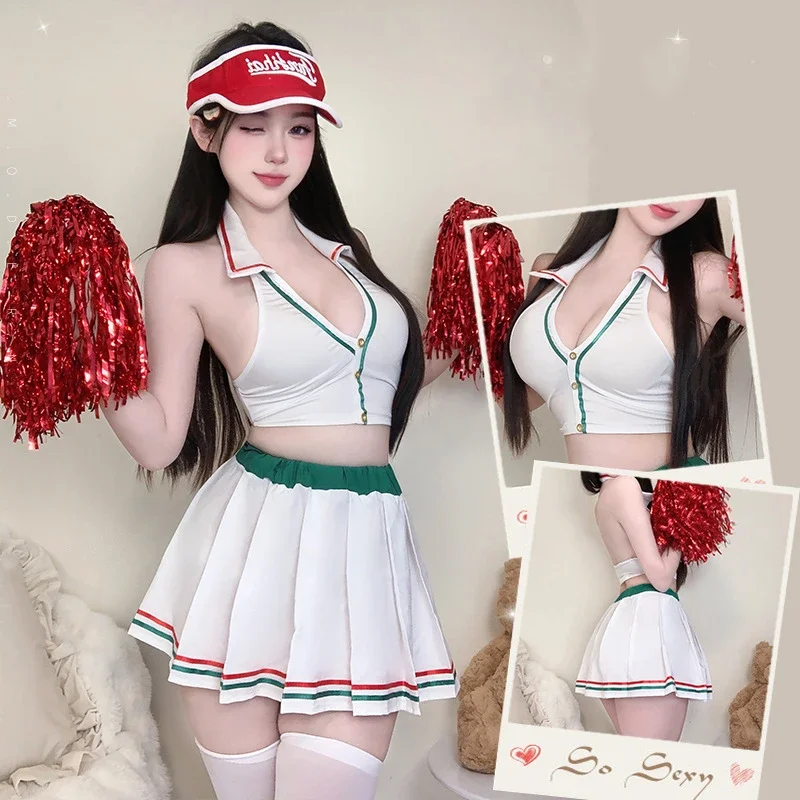 Anime giapponesi Scuola Cheerleader Ragazza Uniforme Donna Calcio Babe Sprots Top in due pezzi e minigonna Abiti Costumi Cosplay