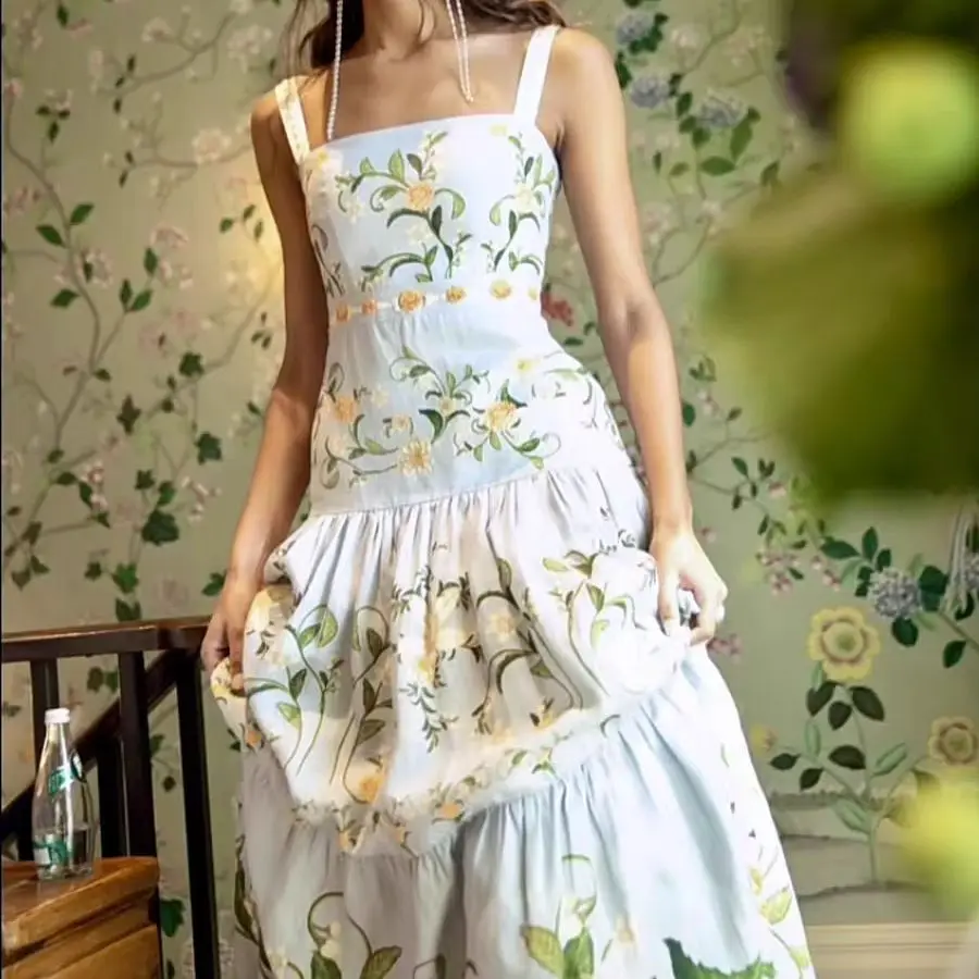 100% Linen Women Floral Print Embroidery Maxi Dress Square Collar Sleeveless High Waist Vacation Long Dress