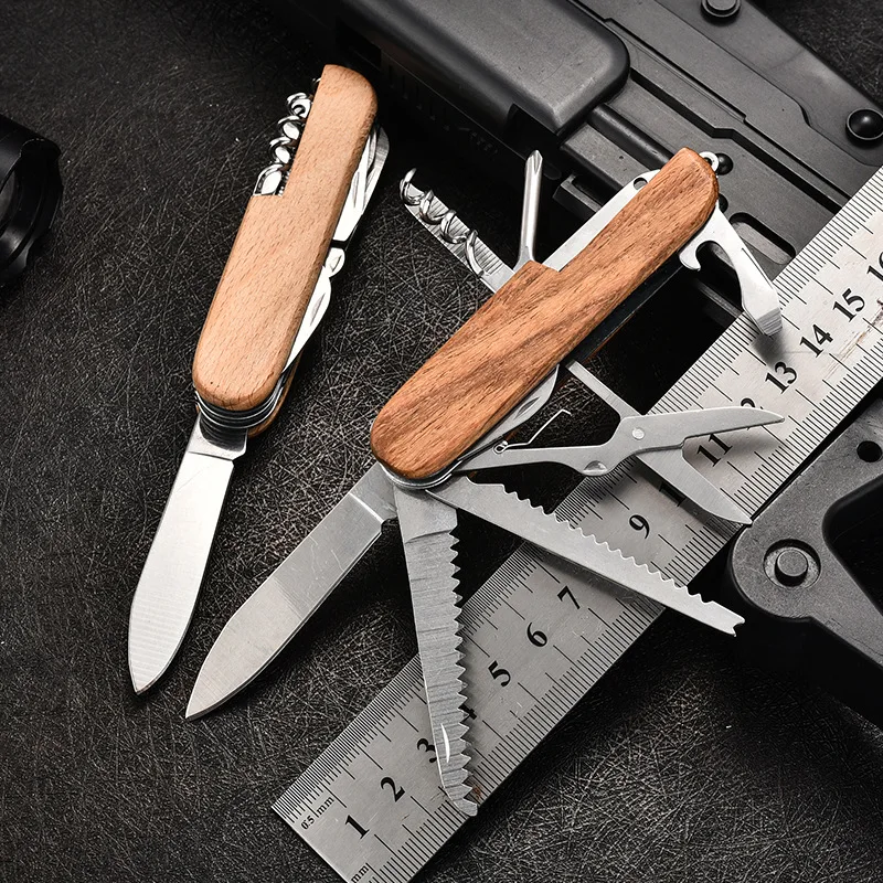 Multifunctional Swiss Army Knife - Outdoor Multi-Purpose Wooden Handle Pocket Knife | Creative Souvenir & Small Folding Knife view 2
