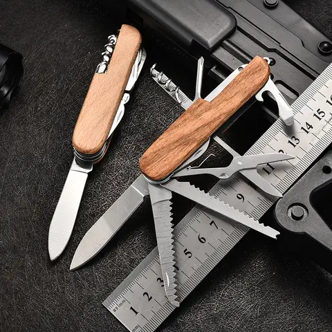 Multifunctional Swiss Army Knife - Outdoor Multi-Purpose Wooden Handle Pocket Knife | Creative Souvenir & Small Folding Knife