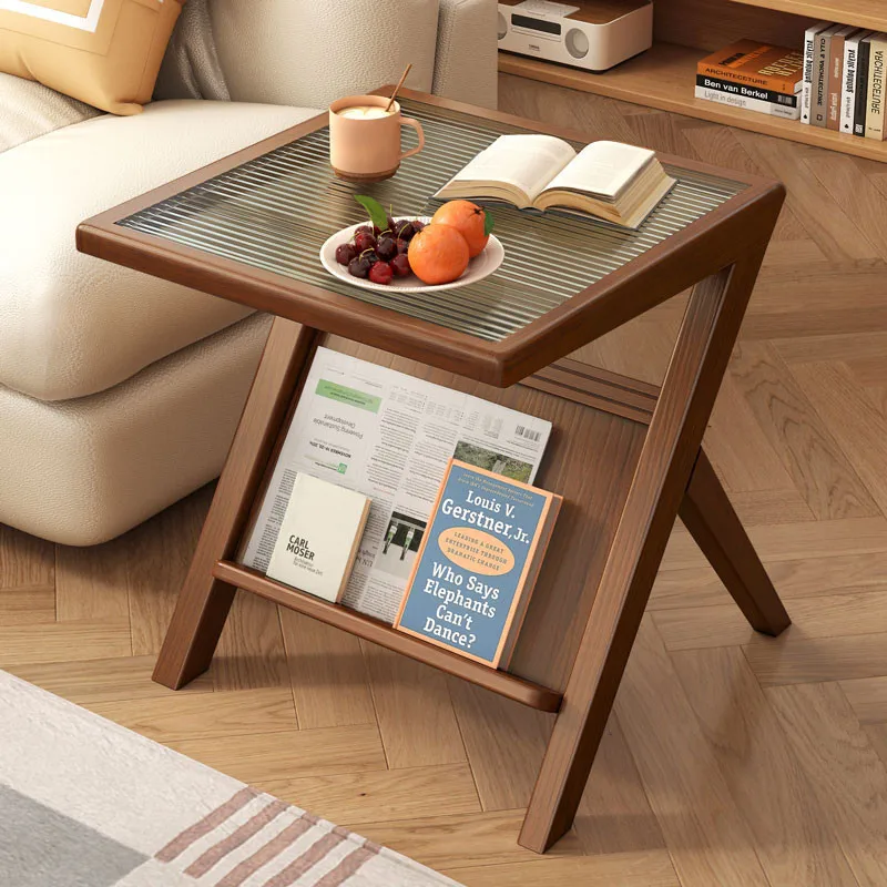 #Modern Japanese Style Solid Wood Small Square Side Table Pattern Coffee Table Glass Top Bedside