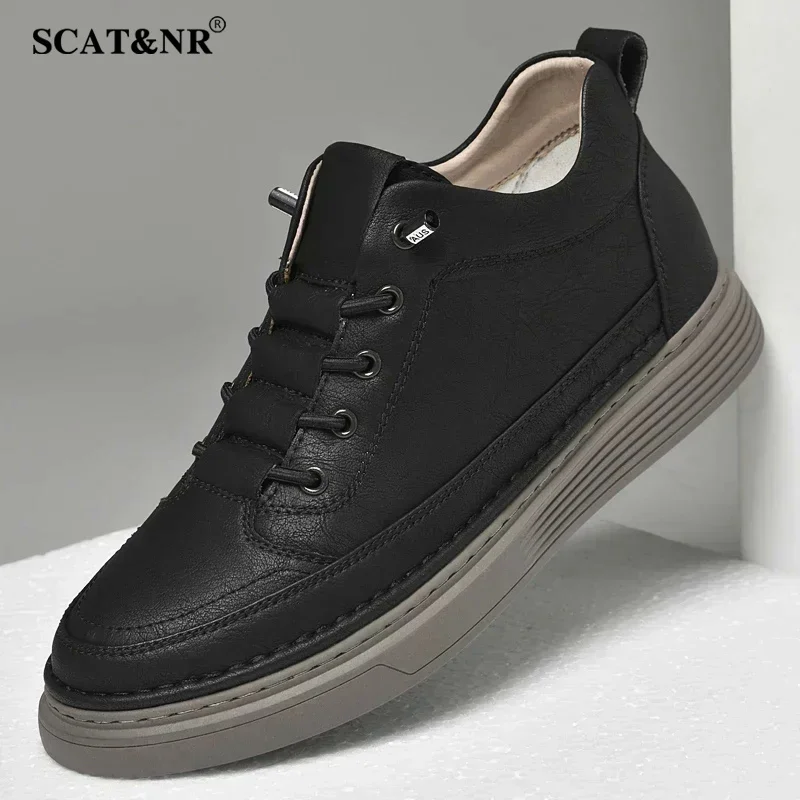 Sapatos de aumento de couro genuíno elevador sapato aumento de altura calçado masculino palmilha 6cm tênis skate