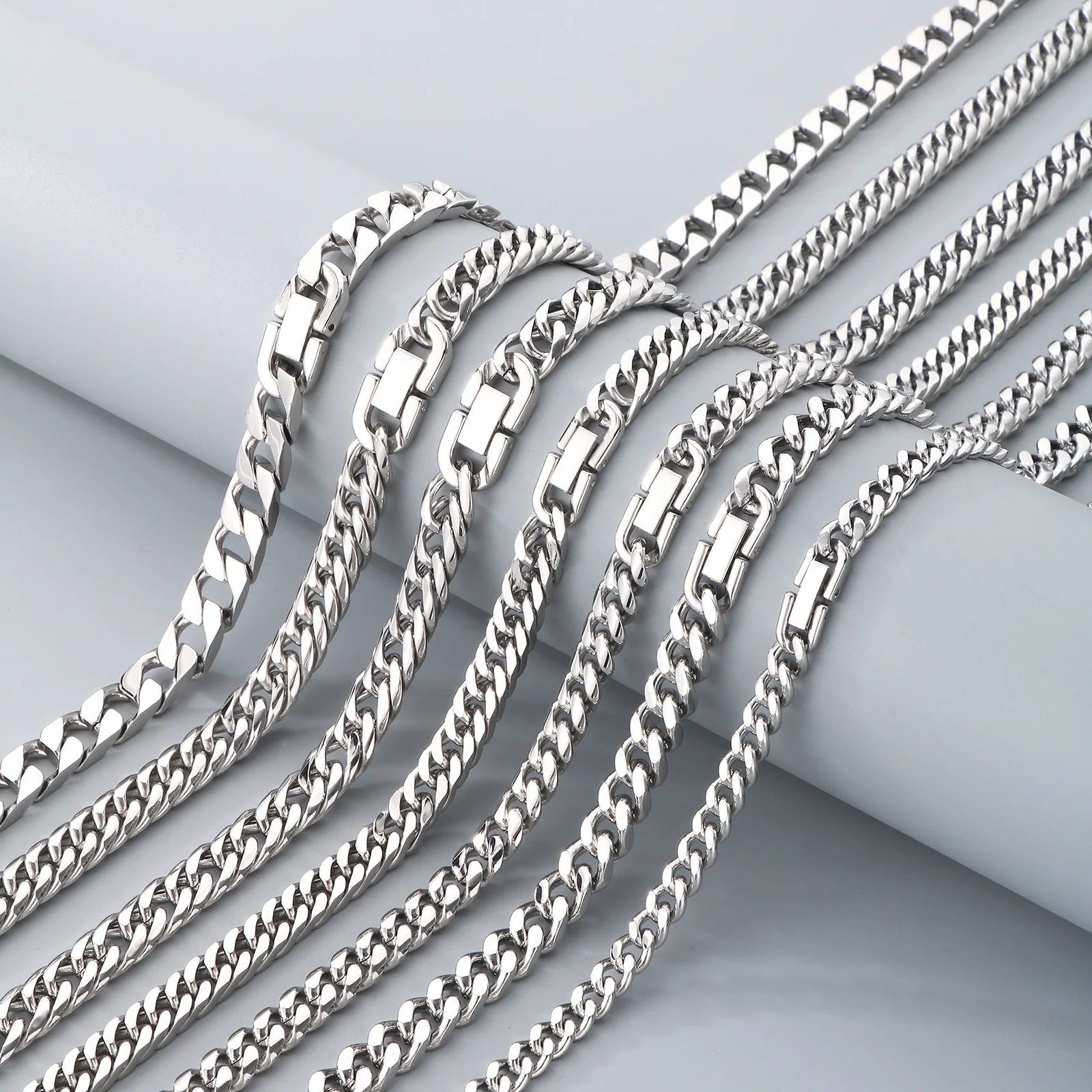 5pcs/lot Wholesale Stainless Steel Cuban Link Chain Necklace Tone Flat Curb Choker Hip Hop Men Women Fashion Jewelry