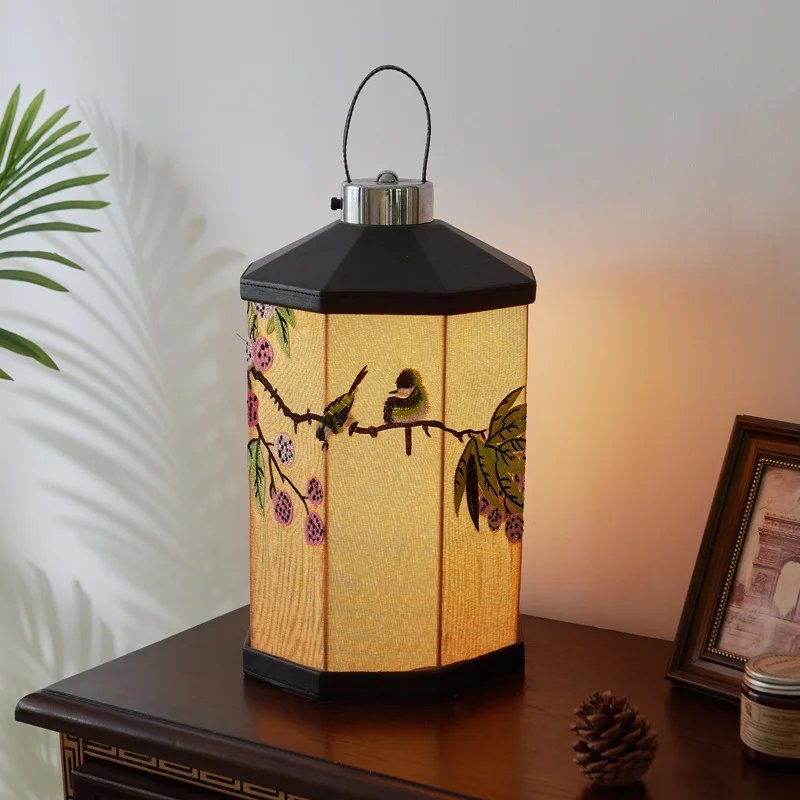 New Retro Light Luxury Embroidered Atmosphere Desk Lamp Living Room Headboard Leather New Chinese Style Handheld Lamp