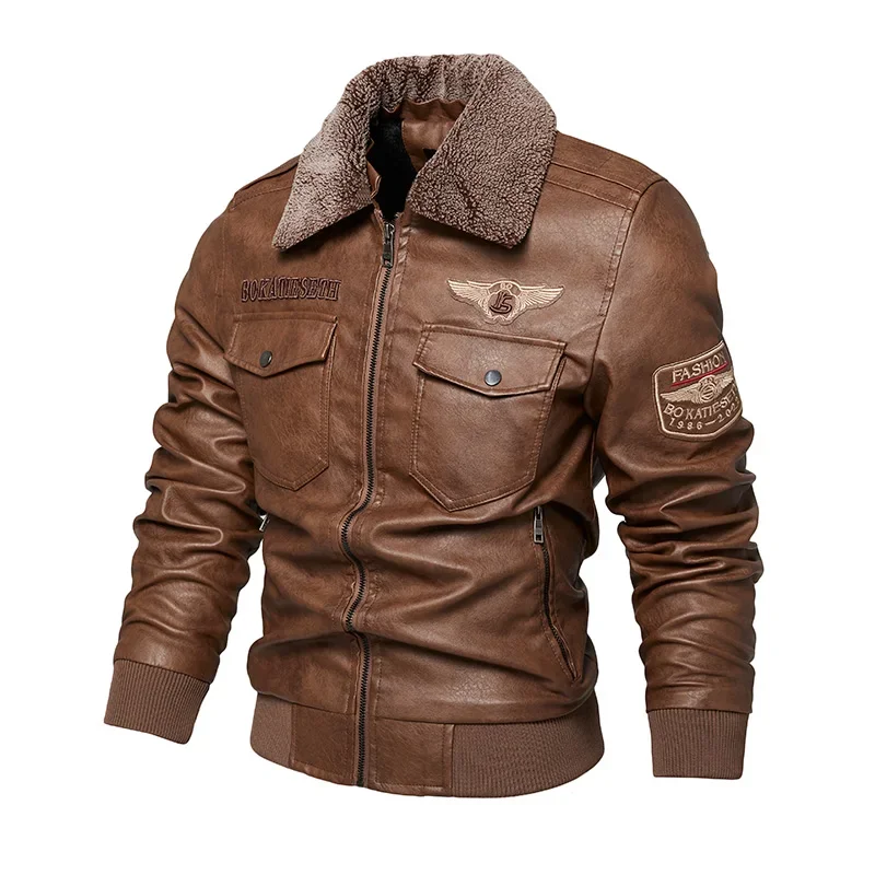 Moto Biker Coat Jacket Motorcycle Style Casual Warm Overcoat Men's Fur Collar Autumn And Winter Embroidery Original Leather