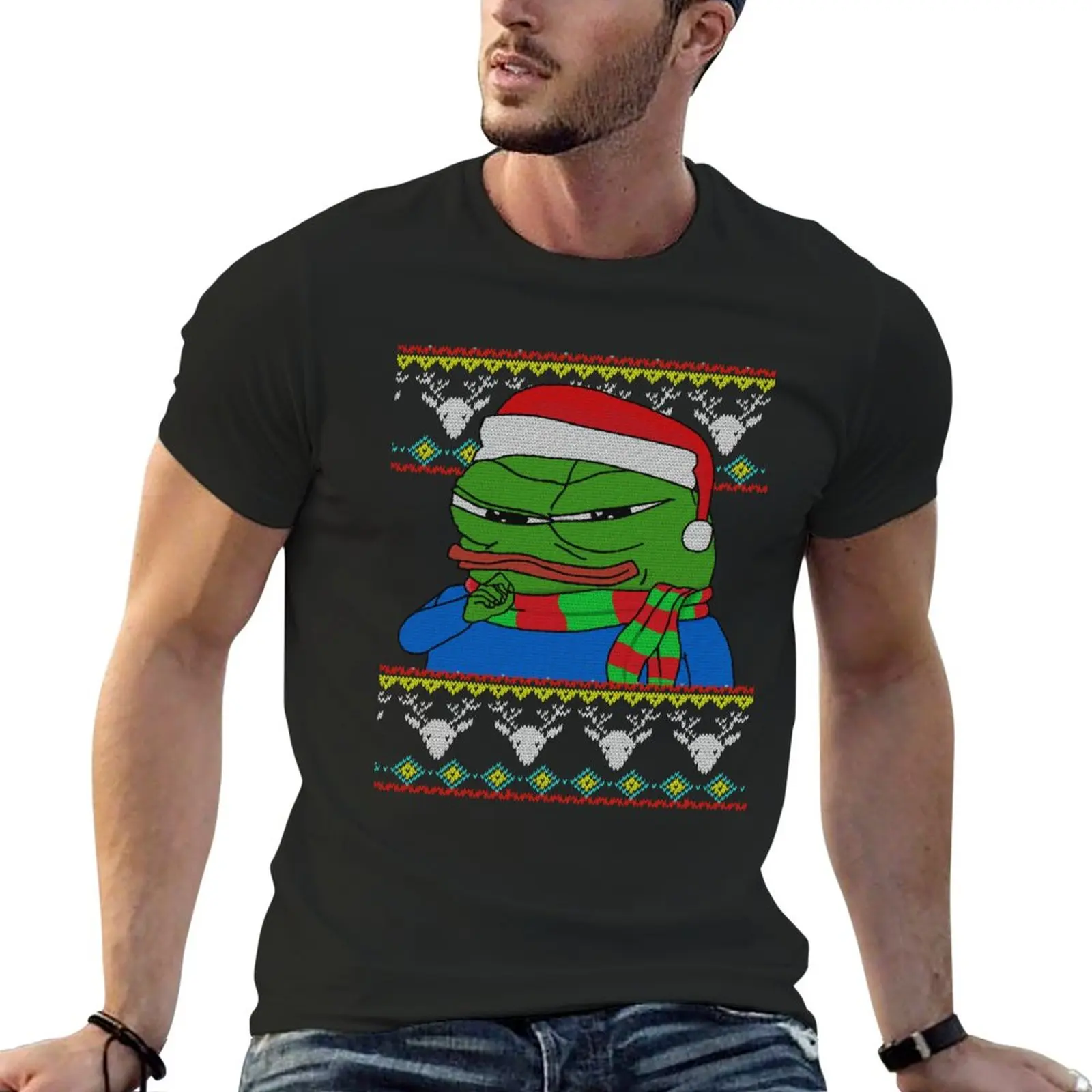 

Smug Apu Apustaja Christmas Card Rare Pepe the frog PepeTheFrog knitted deer patterns, with Santa Claus Hat and winter s T-Shirt