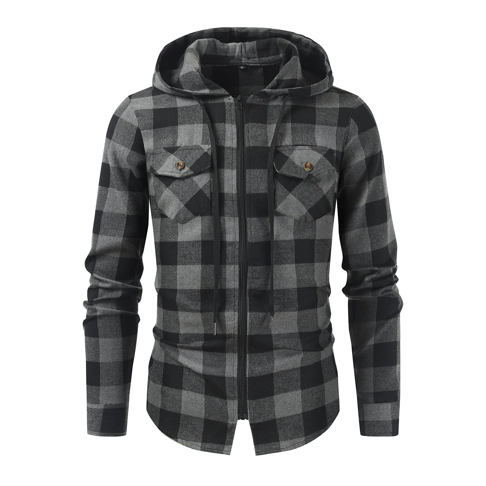Men's Spring New Men's Plaid Hooded Shirt Long Sleeve Casual Jacket Hooded Shirt