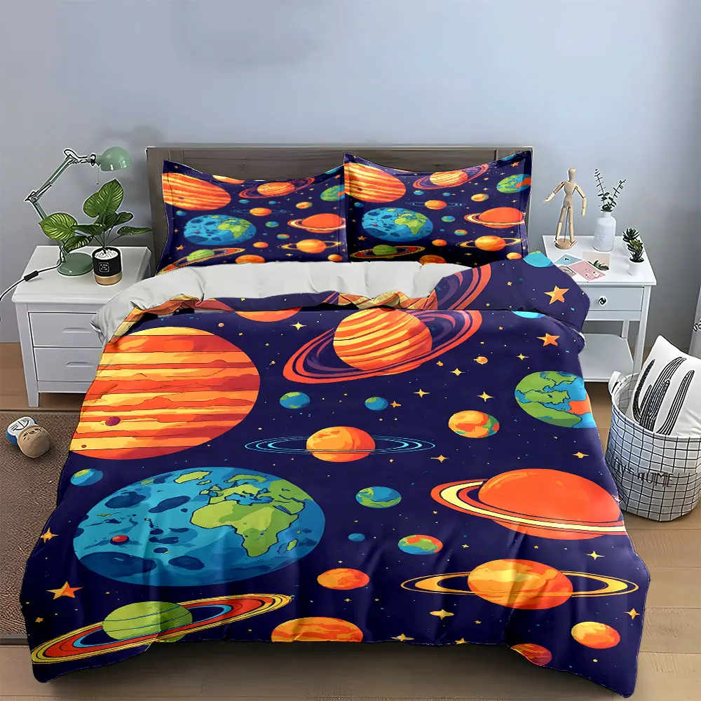 3Pc Cartoon Solar System Bedding Set,Colorful Planets and Stars Print Duvet Cover Set,Kids Space Galaxy Design for Boys Bedroom