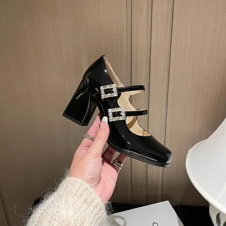 Mary Jane Shoes Black Patent Leather Rhinestone Square Buckle Small Leather Shoes Single Shoe Thick Heel One Line Buckle Heels