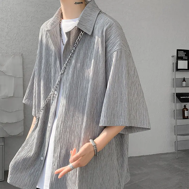 Gray Pleated Texture Ice Silk Shirt Men's Short-sleeved Summer High-end Cleanfit Shirt Three-quarter Sleeve Jacket