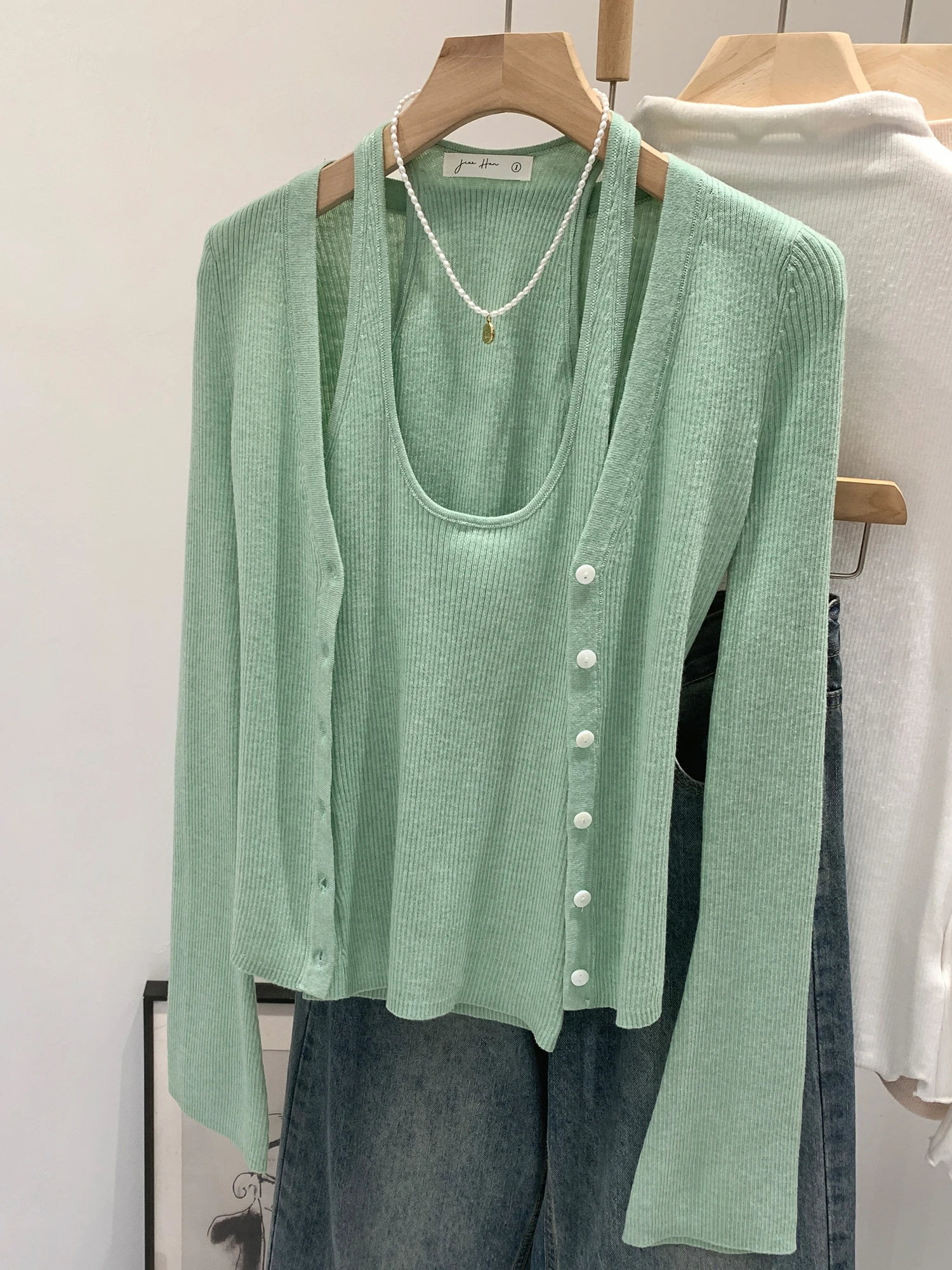 

Mint Green Knitted Long Sleeve V-Neck Vest Two-Piece Set Women's Early Spring Beautiful Outfit Button-Up Top Slim Fit Wool Blend