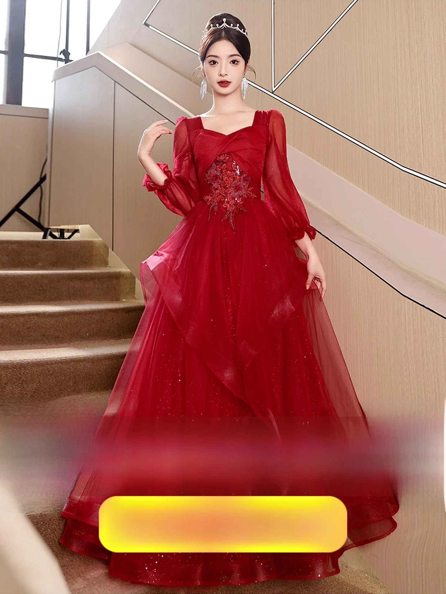 

Red Wine Color plus Size Bridal Dr Long Sve Engagement Par Women's High Waist Gown Sequin Embellied Floor Length