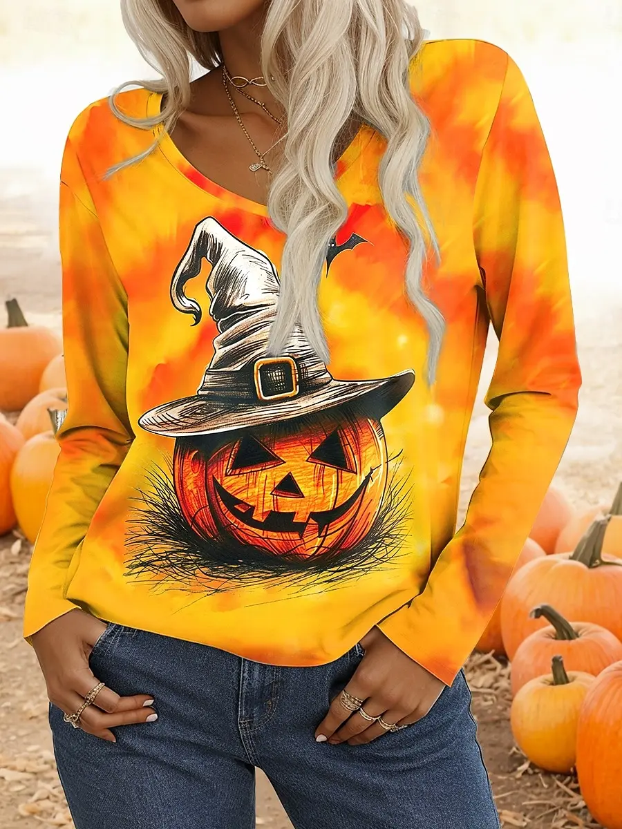 

2025 Halloween Women's T-Shirts Graphic Pumpkin Elegant Vintage Tees Long Sleeve T-shirts V-Neck Regular Tops Casual Pullover