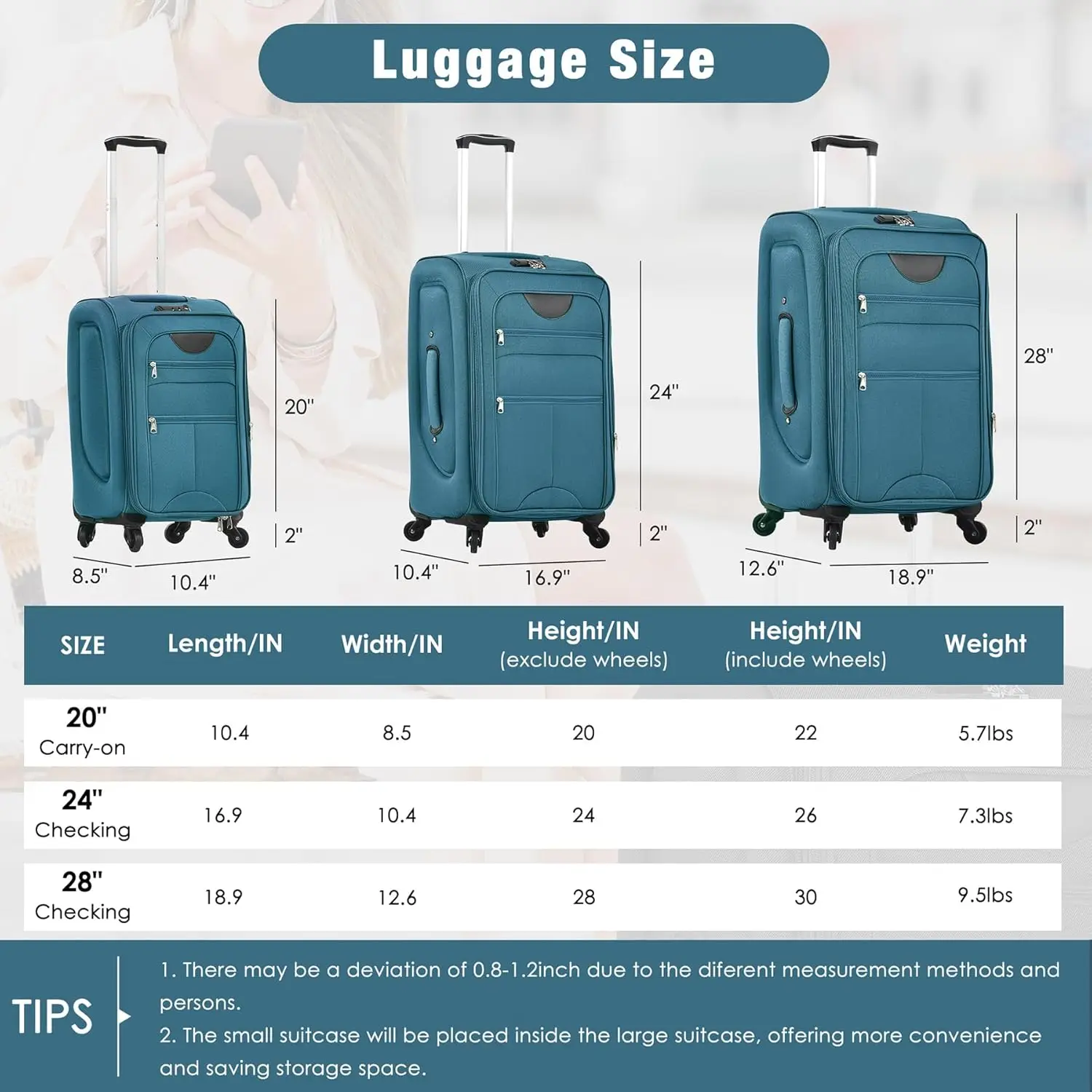 Ensembles de bagages souples extensibles légers, valise de voyage de grande capacité, roue tournante, serrure Tsa, accès facile, 3 pièces