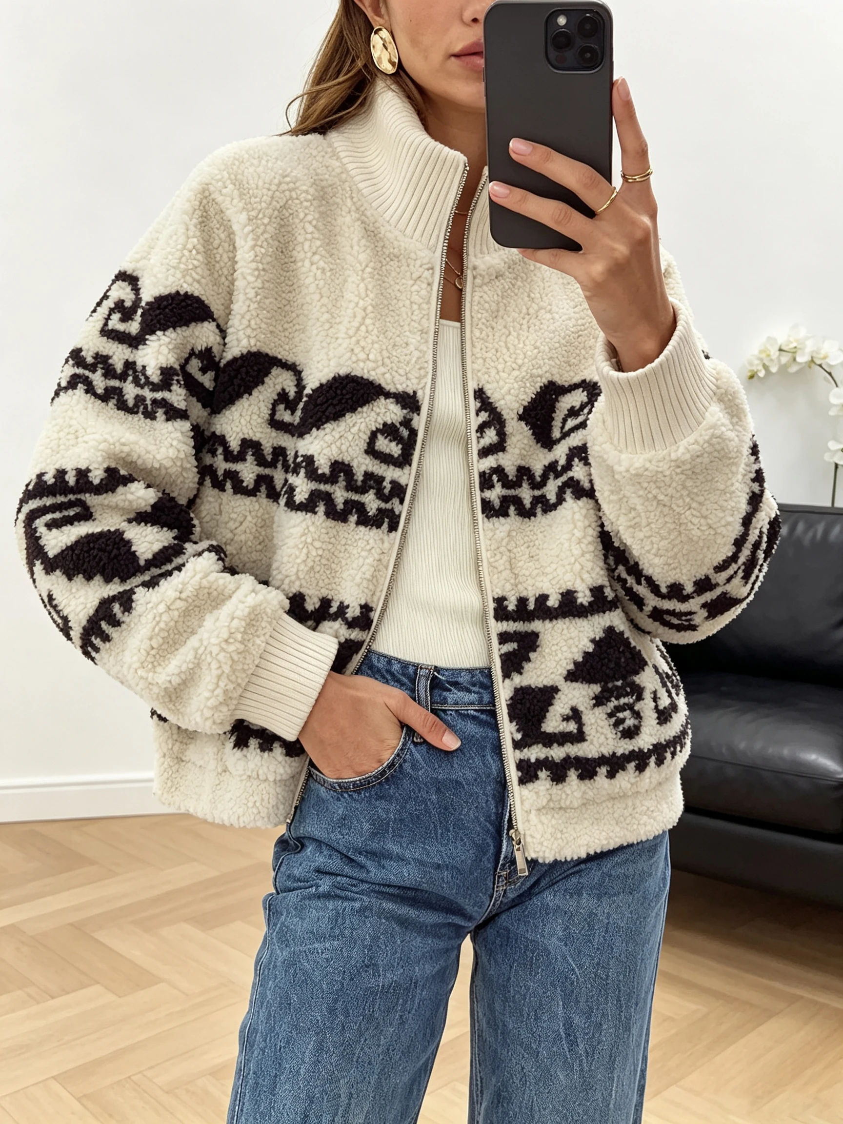 Women Fall Winter Loose Long Sleeve Faux Fur Jacket Zip Up Patchwork Lapel Knit Cuff Colorblock Elegant Casual Daily Date Wear