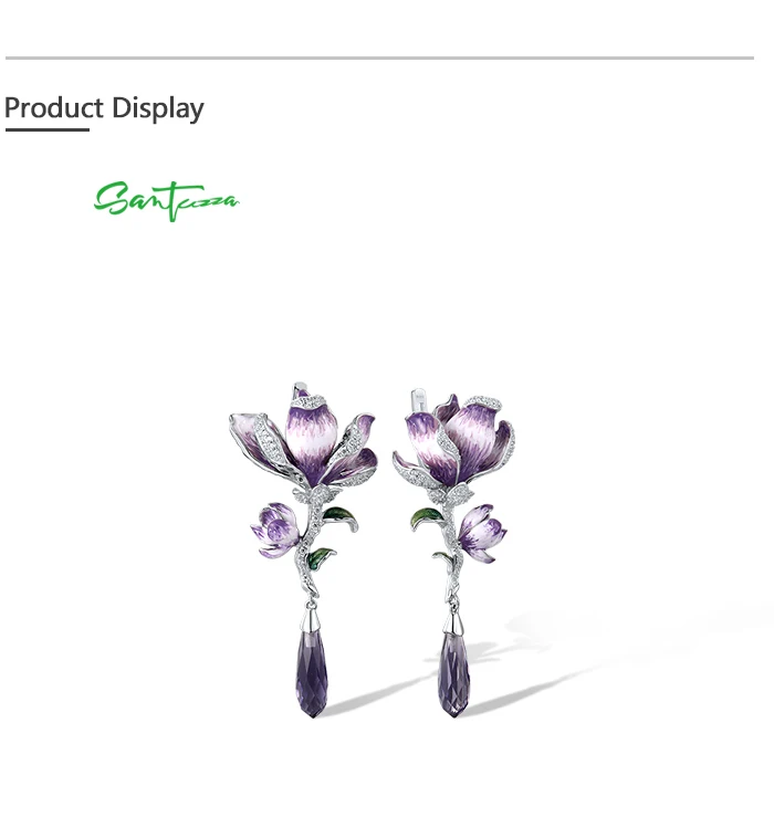 SANTUZZA Real 925 Sterling Silver Drop Earrings For Women White Cubic Zirconia Purple Gradient Enamel Flower Chic Fine Jewelry