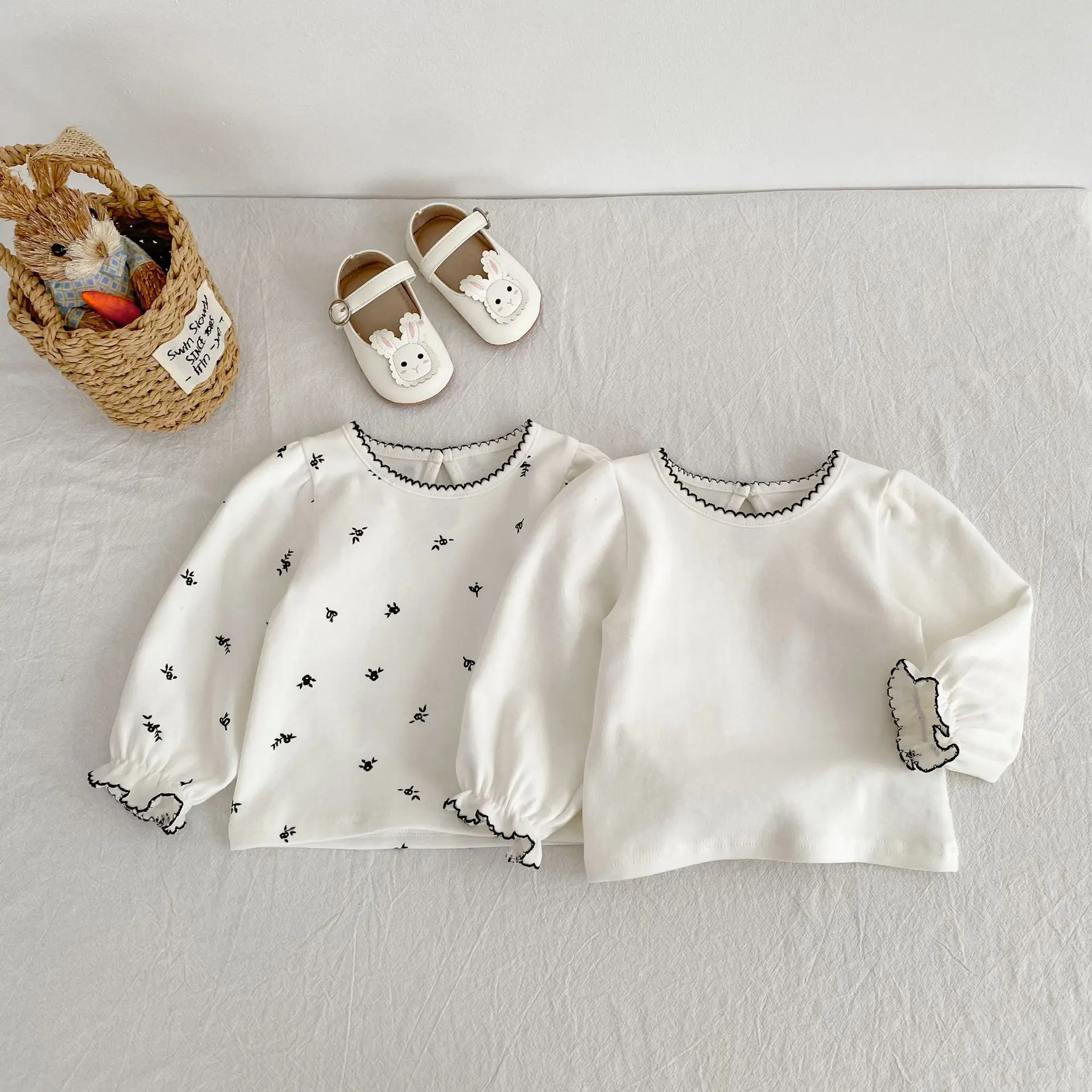 2025 Autumn Infant Girls Long Sleeve Top with Bubble Cuffs Soft Cotton Blouse Cute Baby Toddler T Shirt Spring Casual 0-4 Years