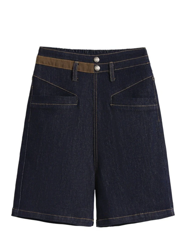 بنطلون جينز قصير عالي الخصر للنساء، تصميم صيفي بألوان متباينة وأزرار زخرفية، شورت كاجوال متعدد الاستخدامات