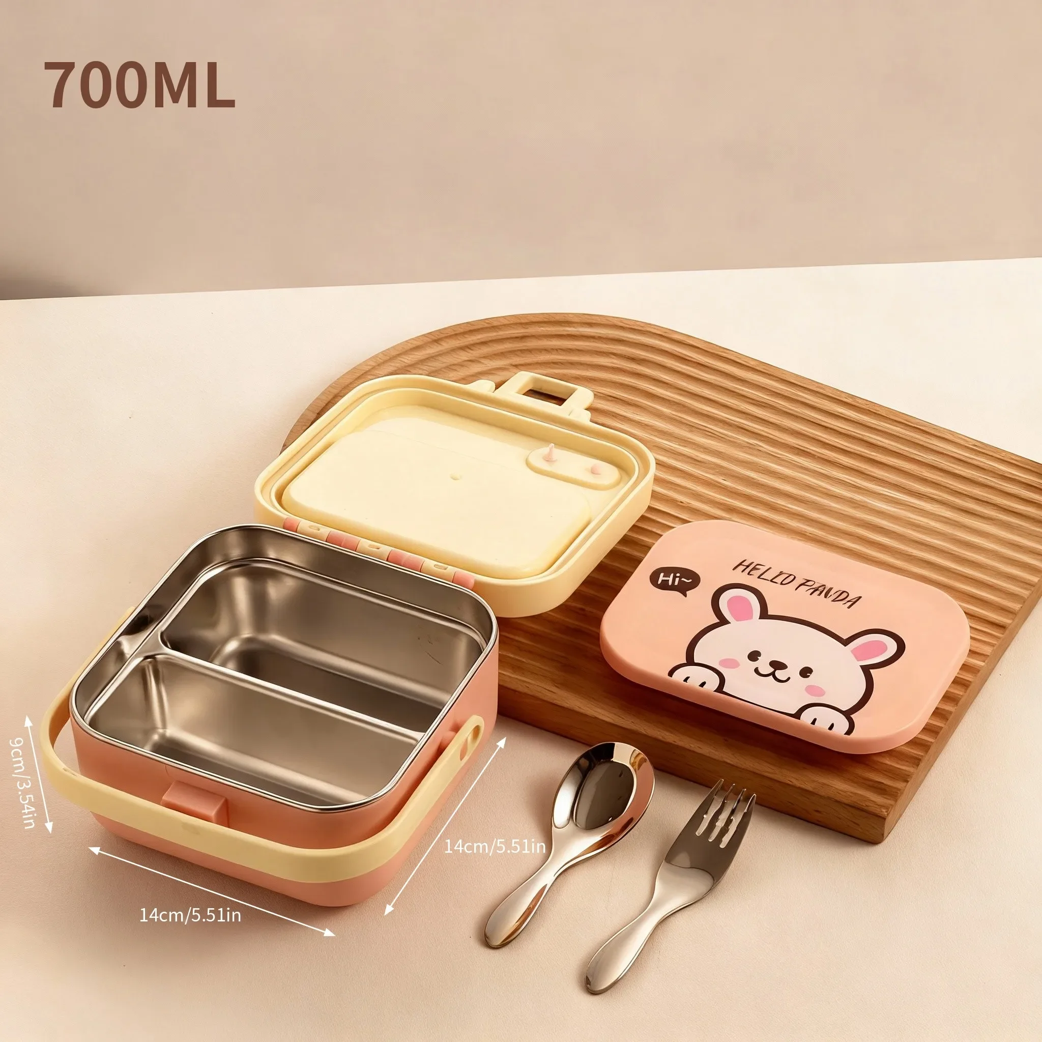 Afneembare, dubbele laag, roestvrijstalen lunchbox (304) voor kinderen, draagbaar, handzaam, schattig ontwerp, inclusief vork en lepel, geschikt voor gebruik in de magnetron.