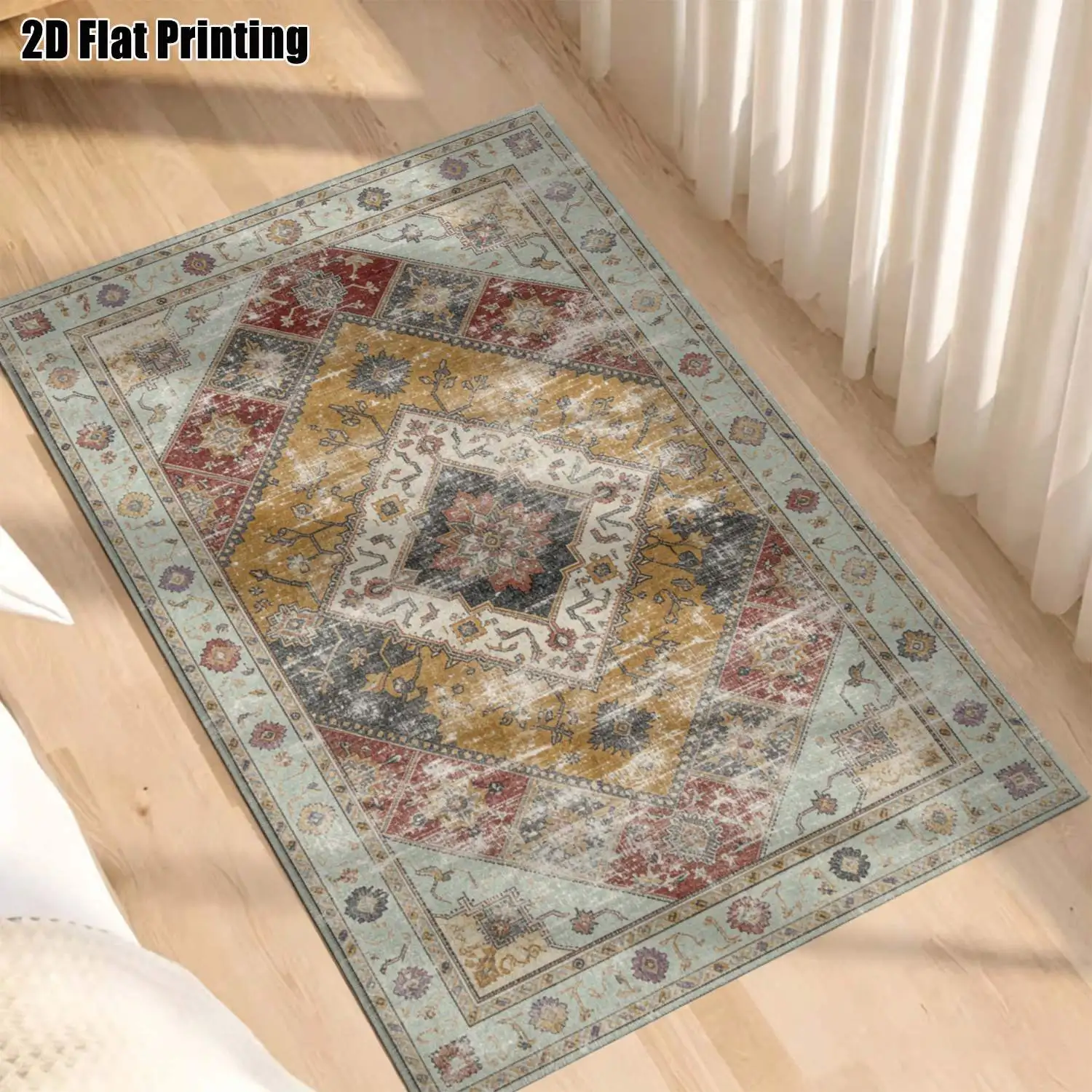 1Pc 2D Printed Carpet: Warm Brown Retro Geometric Floral Pattern, Suitable for European & Boho Decor, Multi-Size, Machine Washable, for Multi-Scene Use