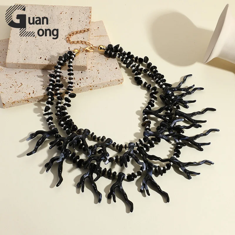 GuanLong Trendy Bohemia Resin Coral Big Necklaces for Women Vintage Retro Multilayer Beaded Chain Choker Necklace Party Jewelry