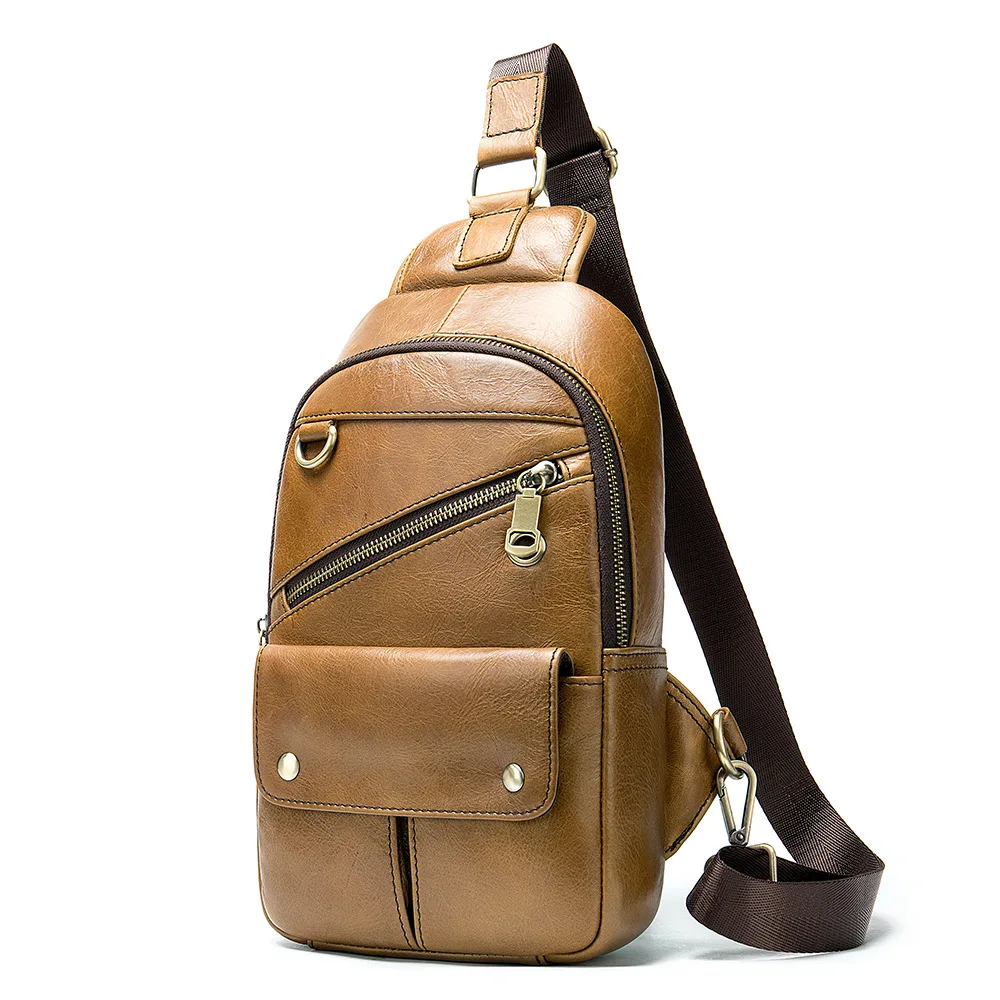Trendy Men Outdoor Chest Bag Top Grain Leather Crossbody Sling Pack Sport Casual Shoulder Purse Edgy Style