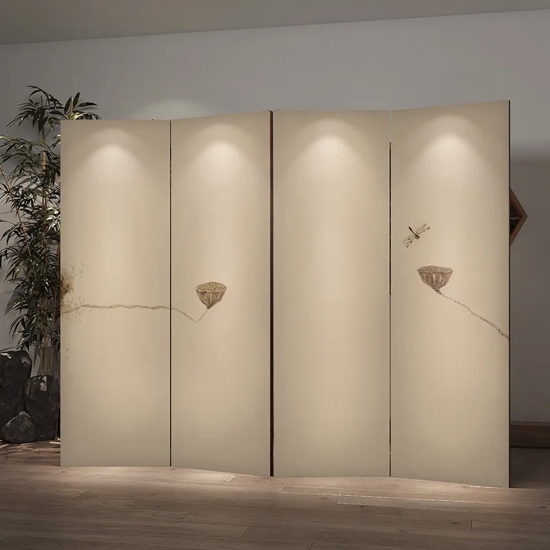 New Chinese screen partition living room club tea room background office movable simple zen lotus foldable