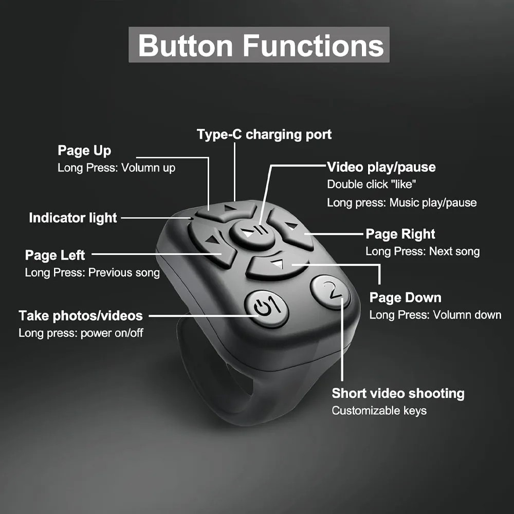 Wireless Scrolling Ring for TK - Bluetooth Remote Control for iPhone, iPad & Android, Fingertip Bluetooth Controller