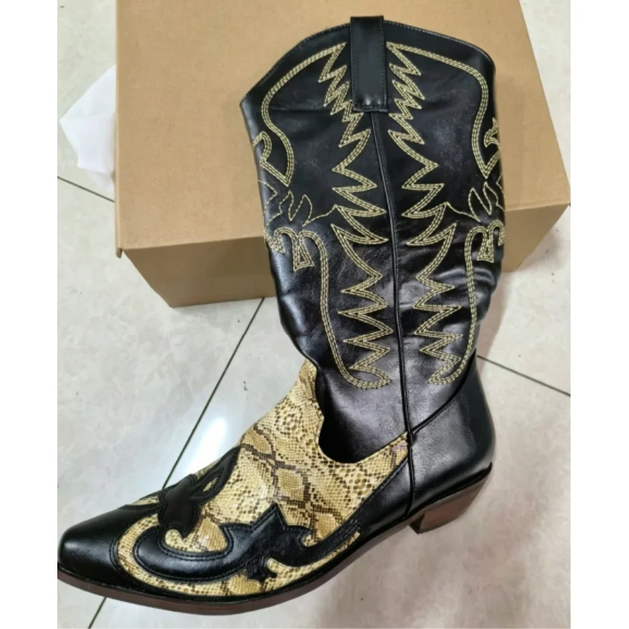 Embroidered Western Cowboy Boots Retro Pointed Toe Mid Calf Knight Boots for Men Women Chunky Heel Cowgirl Boots Plus Size 36-48